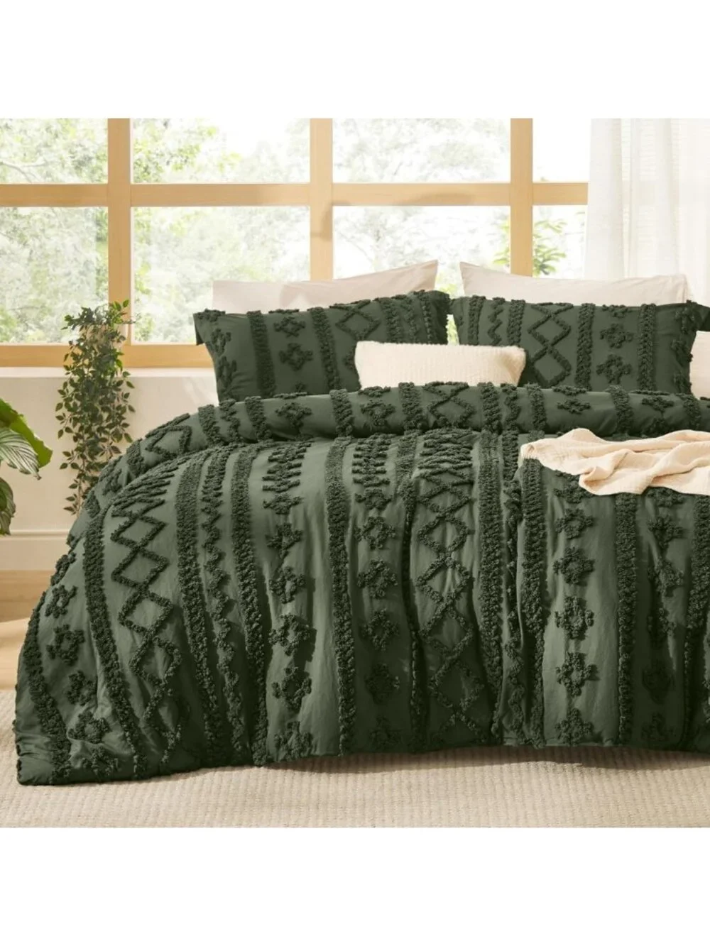 Boho Olive Green Queen Comforter Set - Soft Jacquard 3-Piece Farmhouse Bedding